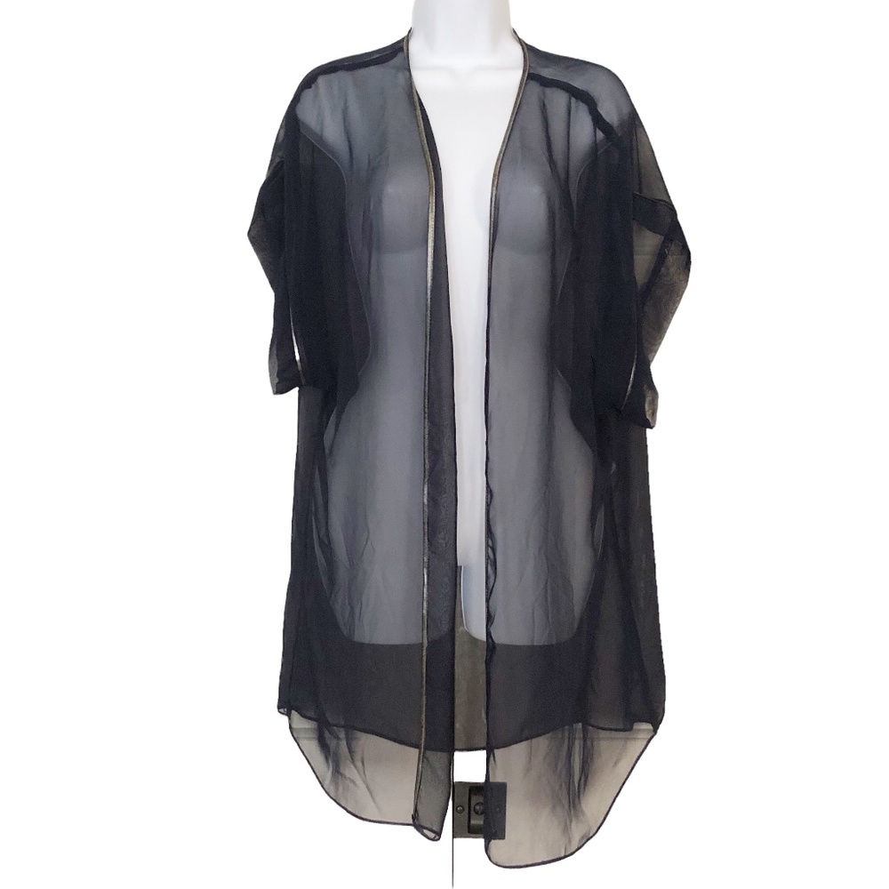 VTG Lucie Ann II Navy Sheer Mini Robe Swim Coverup Metallic Trim Short Sleeve, M